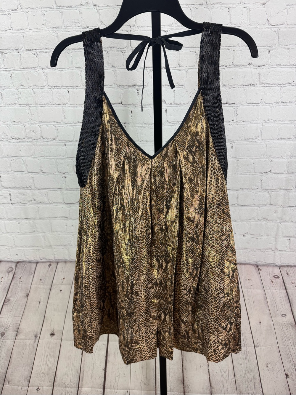 Bebe Gold Animal Print Silk Slip Dress Beaded Straps Size XS